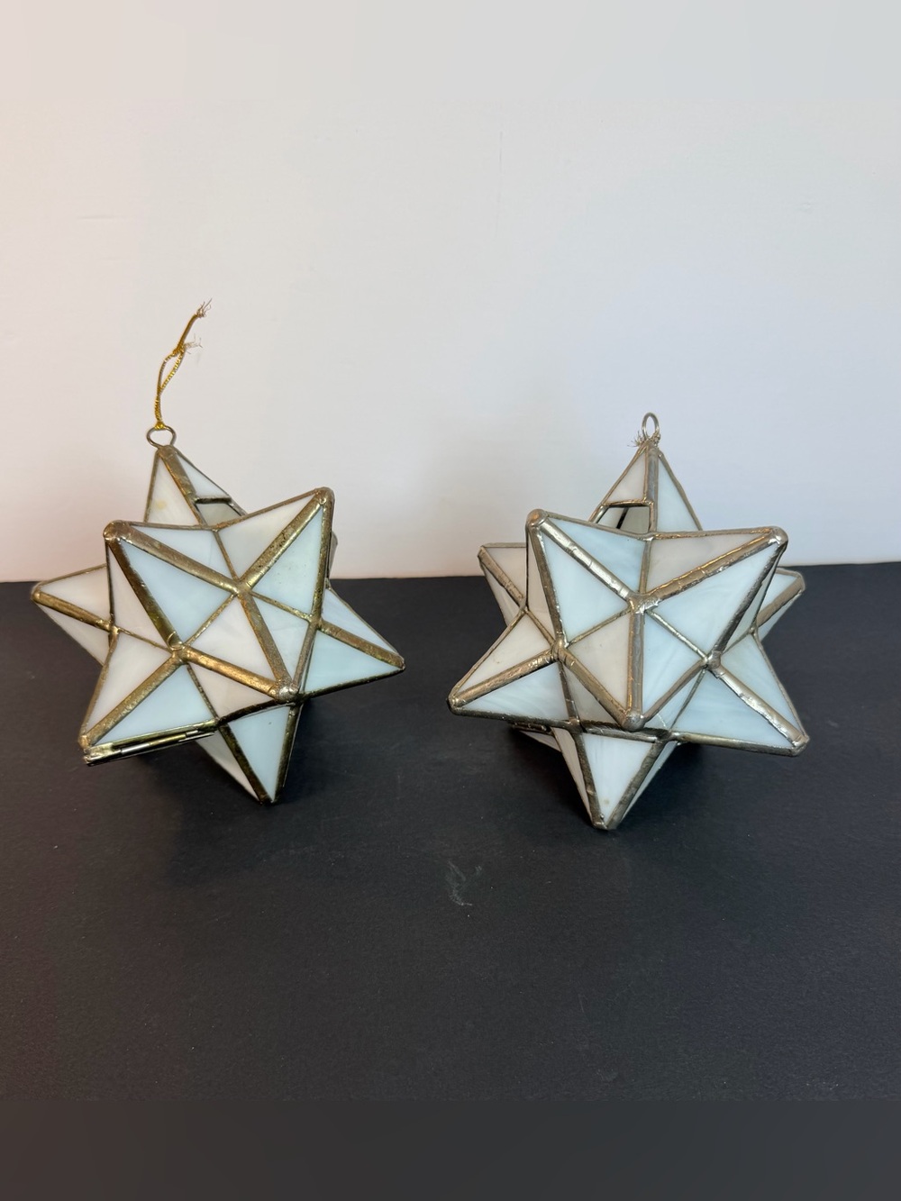 Pair Vintage White Glass Moravian Star Lanterns Leaded Soldered Hanging Boho